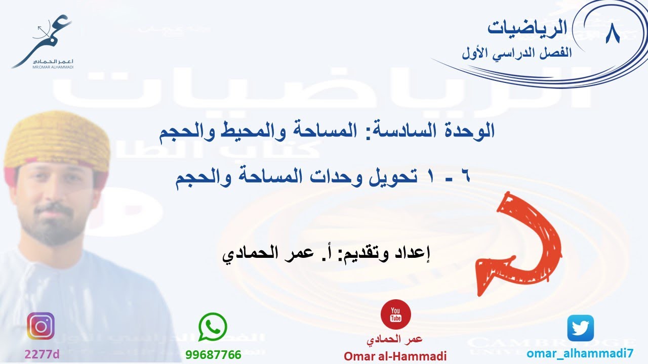 6 - 1 درس تحويل وحدات المساحة والحجم- الرياضيات ( الصف الثامن) أ.عمر الحمادي
