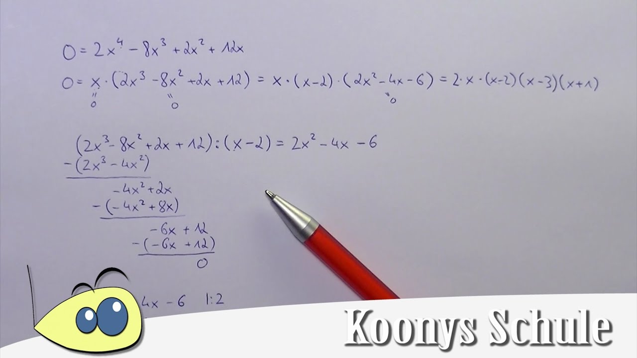 Nullstellen von f(x) = 2x⁴ - 8x³ + 2x² + 12x bestimmen, ausklammern, Polynomdivision und pq-Formel
