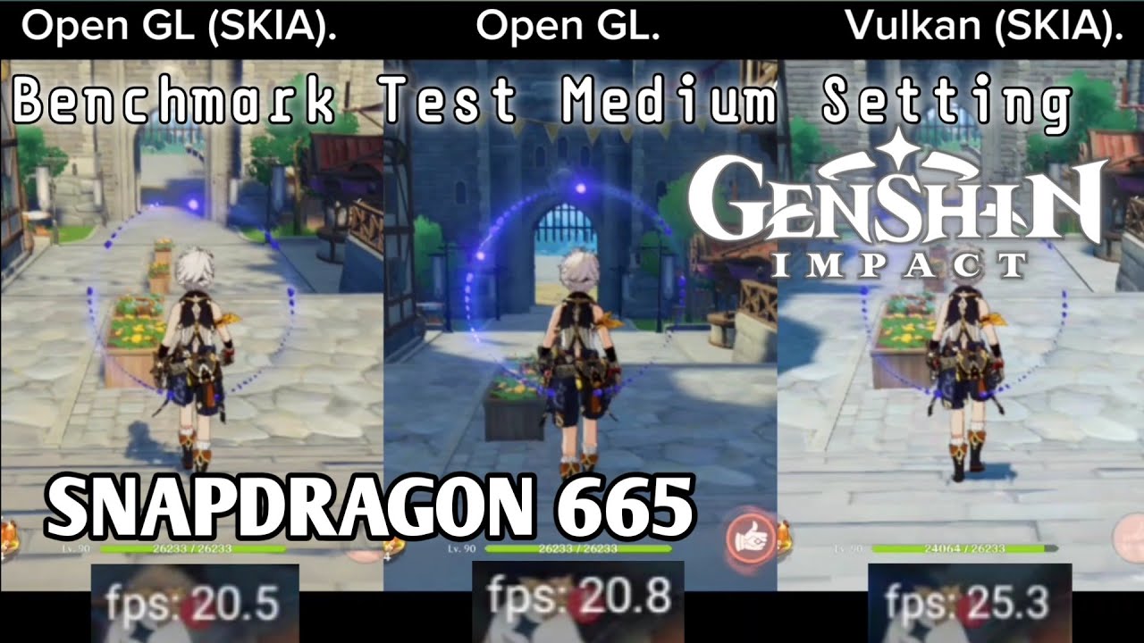 Test Rendering Vulkan (Skia), OpenGL (Skia), OpenGL, Genshin Impact Redmi Note 8...