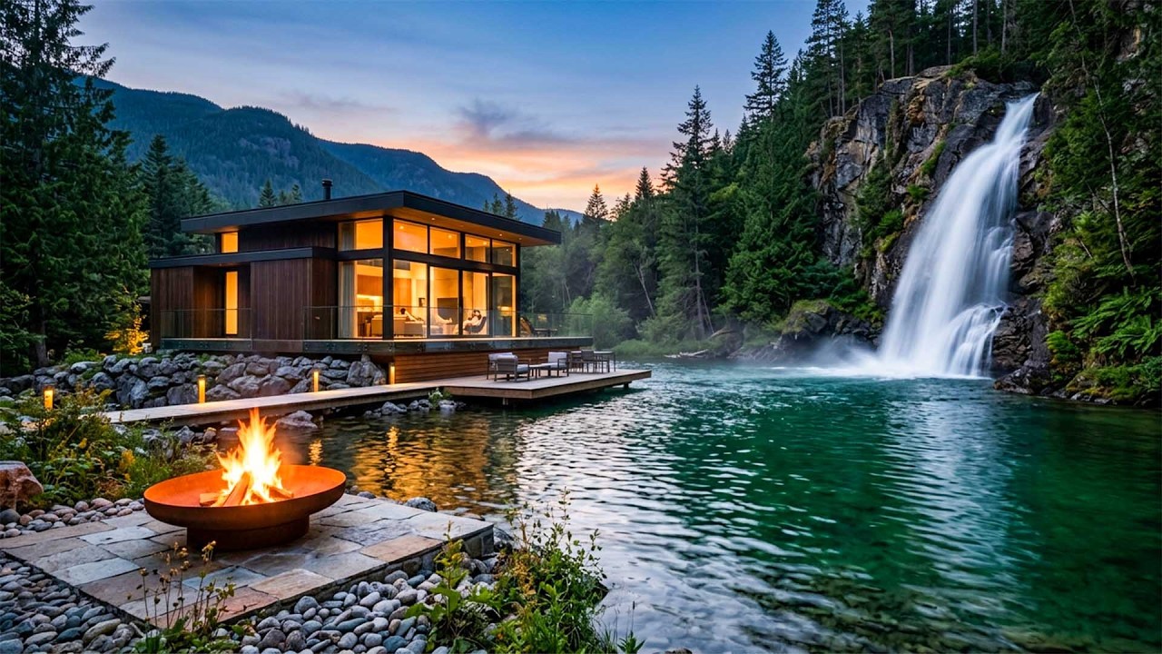 Soothing Lake Waterfall Ambience 🔥🌿 Birds Chirping & Crackling Fire for Calm and Focus