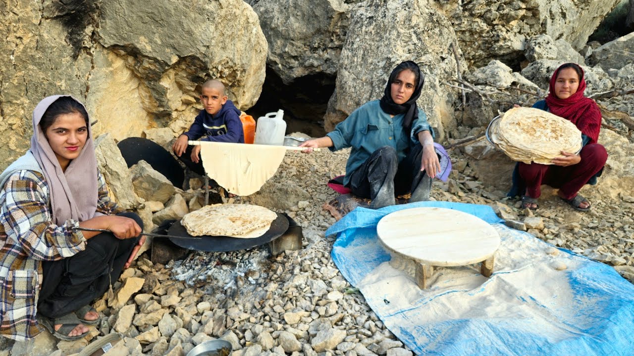 Nomadic Life in Iran | Parisa's Family Bakes Traditional Bread Outside Their Mountain Cave