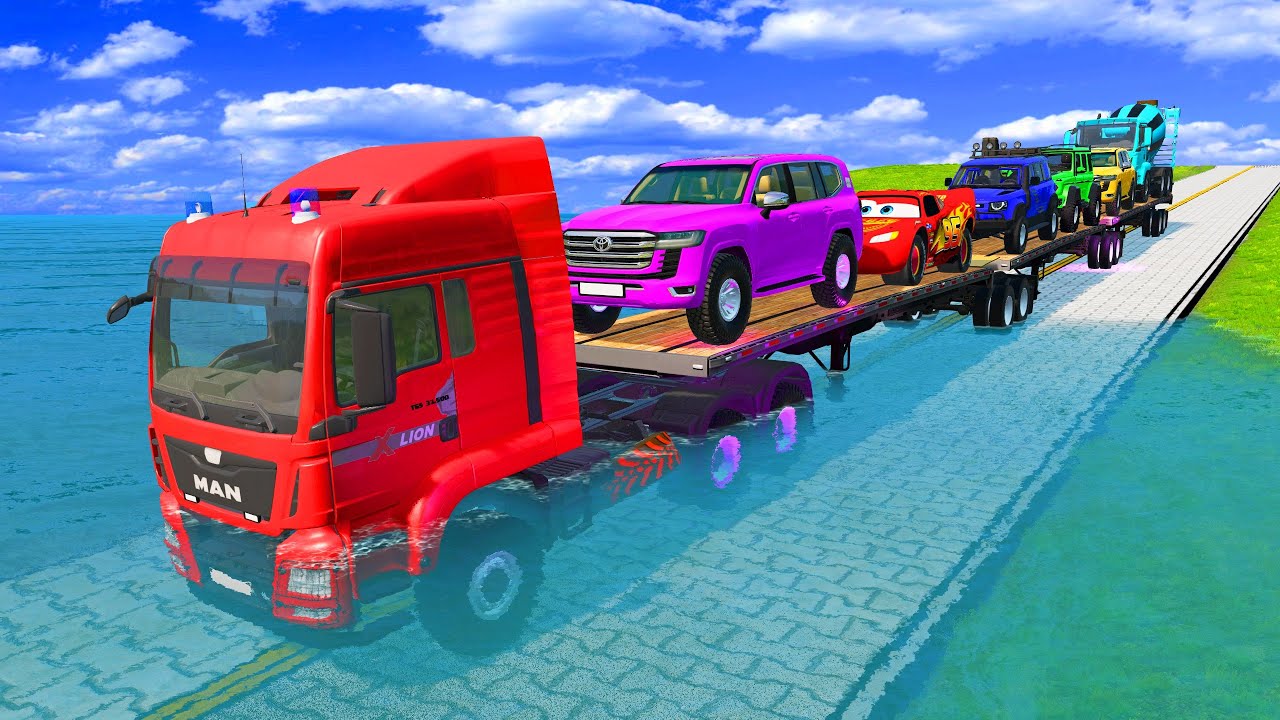Triple Flatbed Trailer McQueen Transportation with Truck   Speedbumps vs Cars vs Train   BeamNG #039
