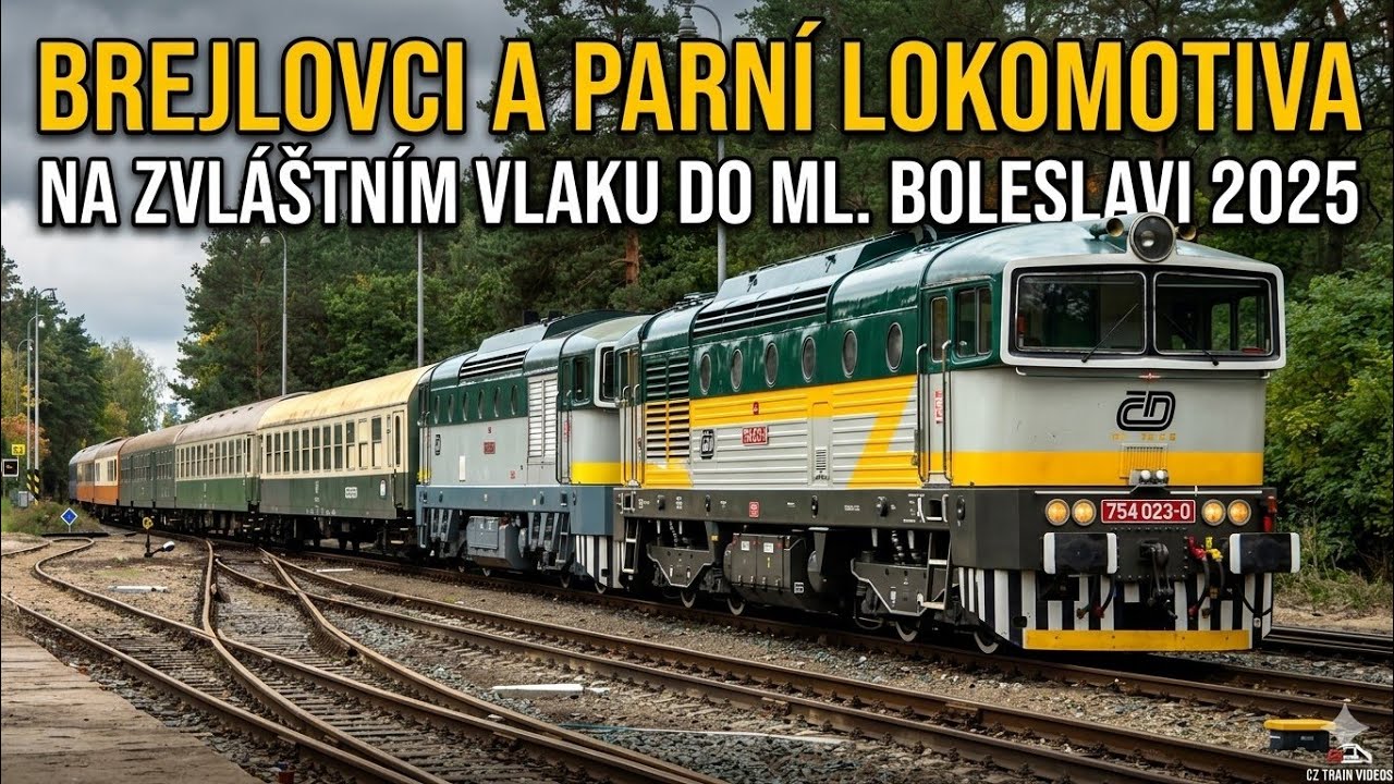 Parní lokomotiva 35.1097-1 a brejlovci 754.023 a T478.3001 zvláštní vlak do Ml. Boleslavi 11.10.2025