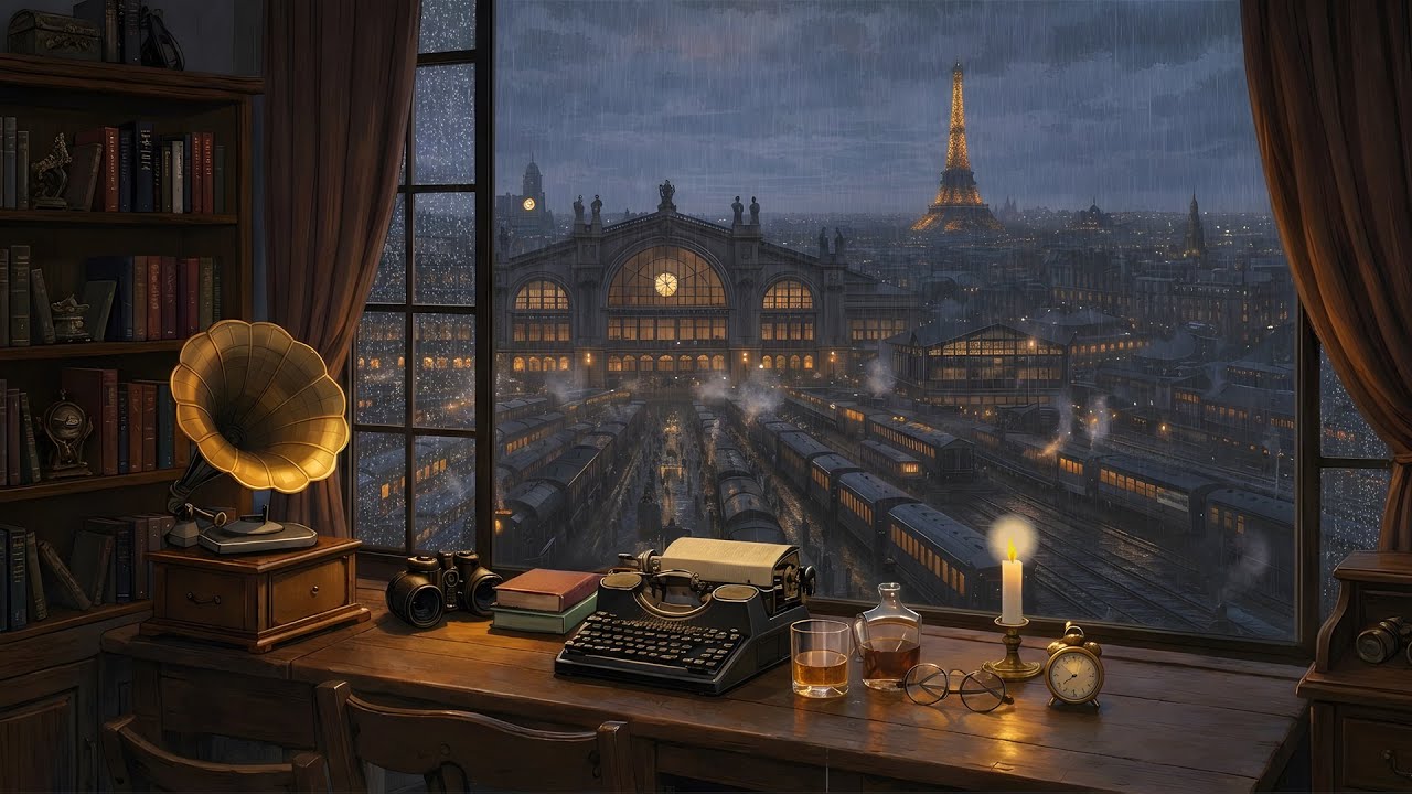 A rainy night at a 1950s Paris station with vintage jazz playing in another room