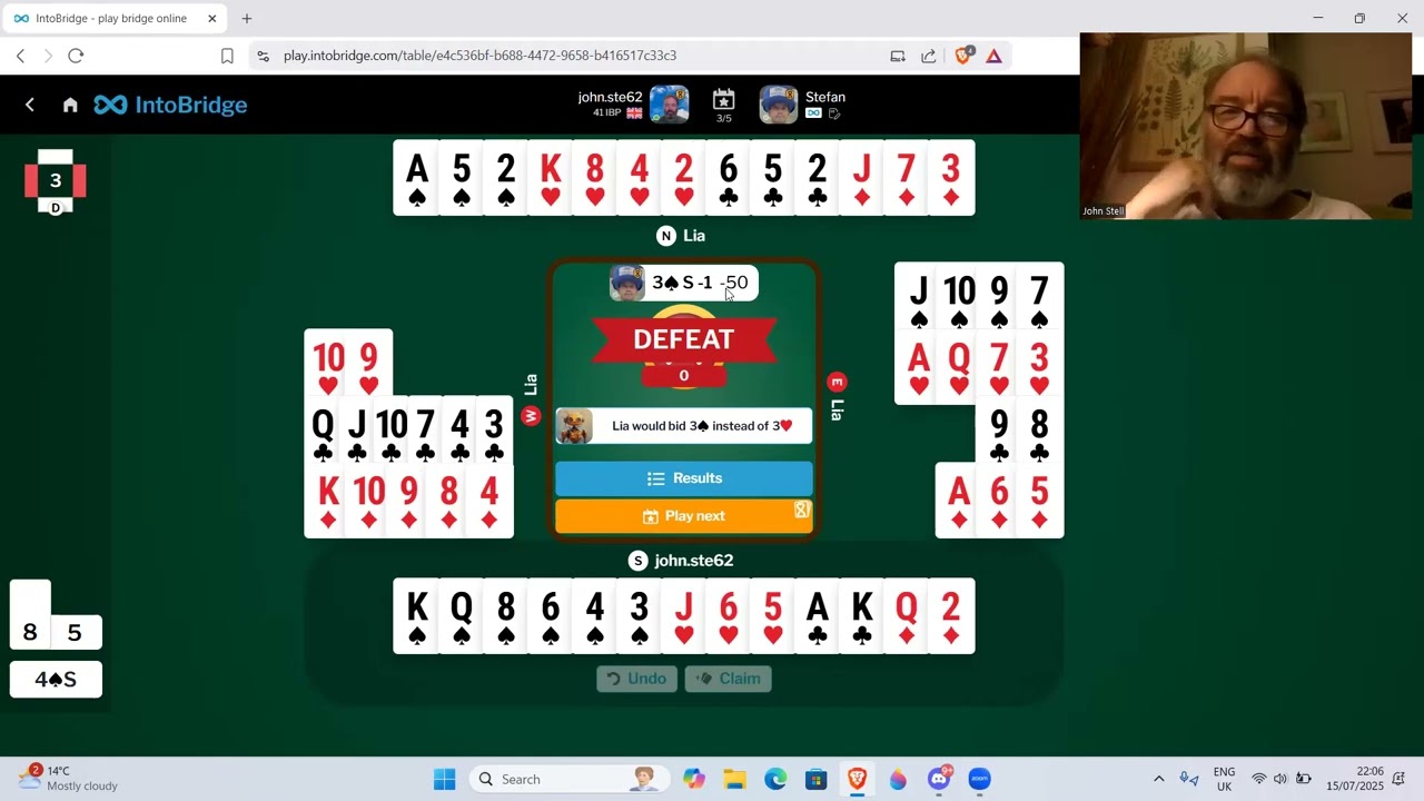 Me versus expert bridge player Stefan Skorchev - 15th July 2025