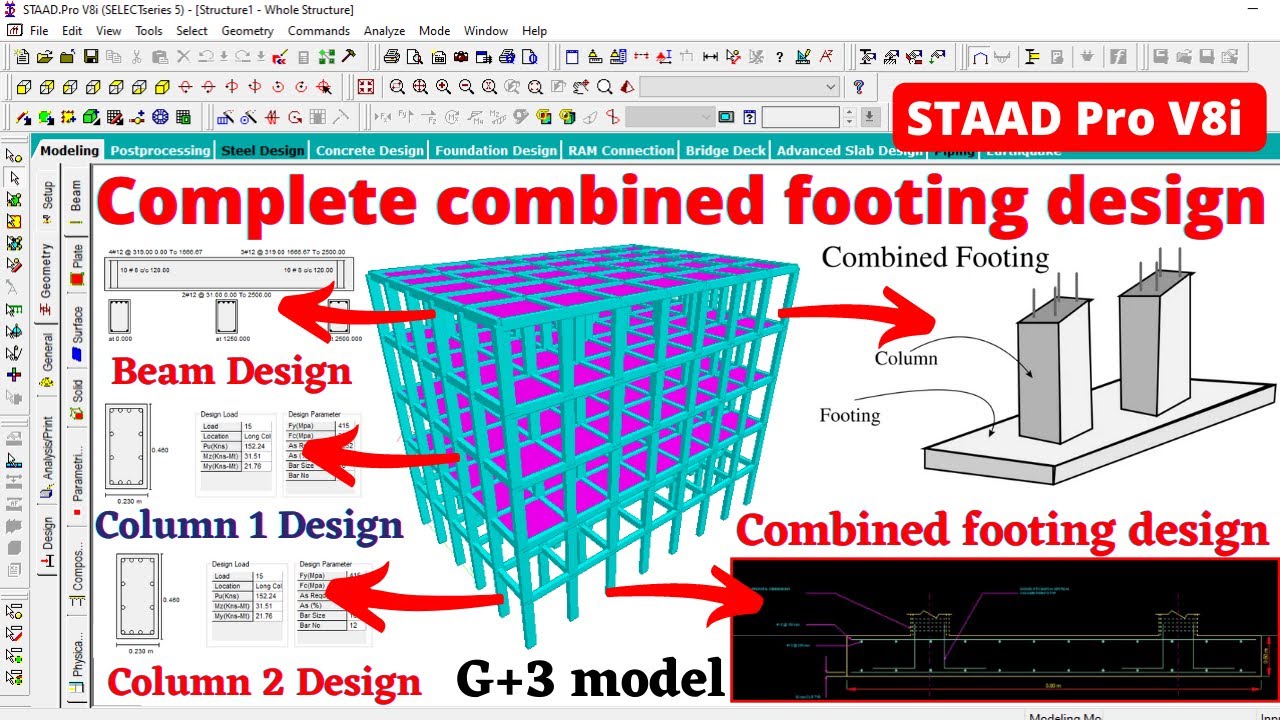 Combined footing design by staadpro software | foundation design by staad pro | building design |