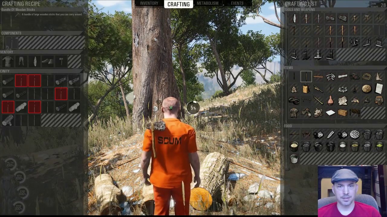 SCUM 90 second crafting tutorial - Shelter, Wooden Box, Axe, Knife, and Tree Bark Rope