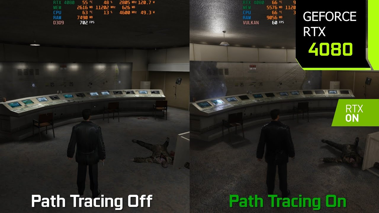 Max Payne Path Tracing through RTX Remix On vs Off - Graphics/Performance Comparison | RTX 4080