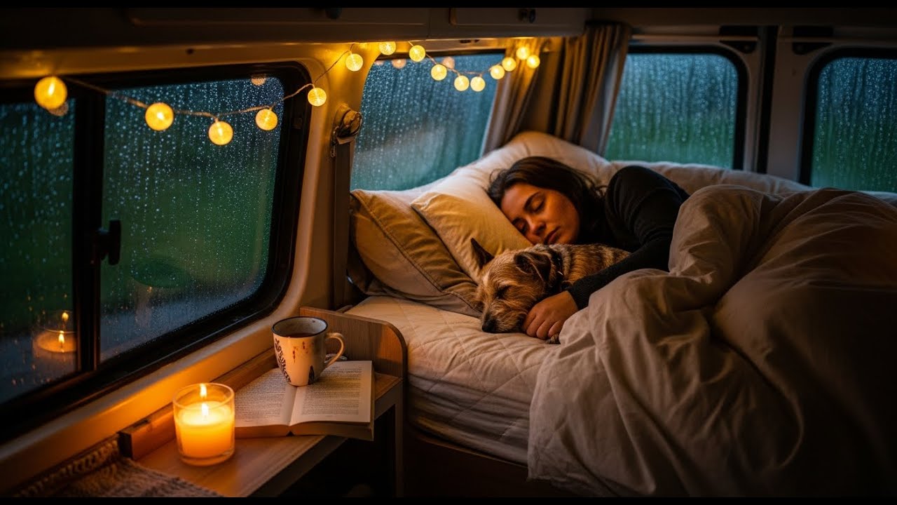 Rainy Night Vanlife Ambience | Peaceful Camper Sleep with Dog for Stress Relief & Deep Relaxation