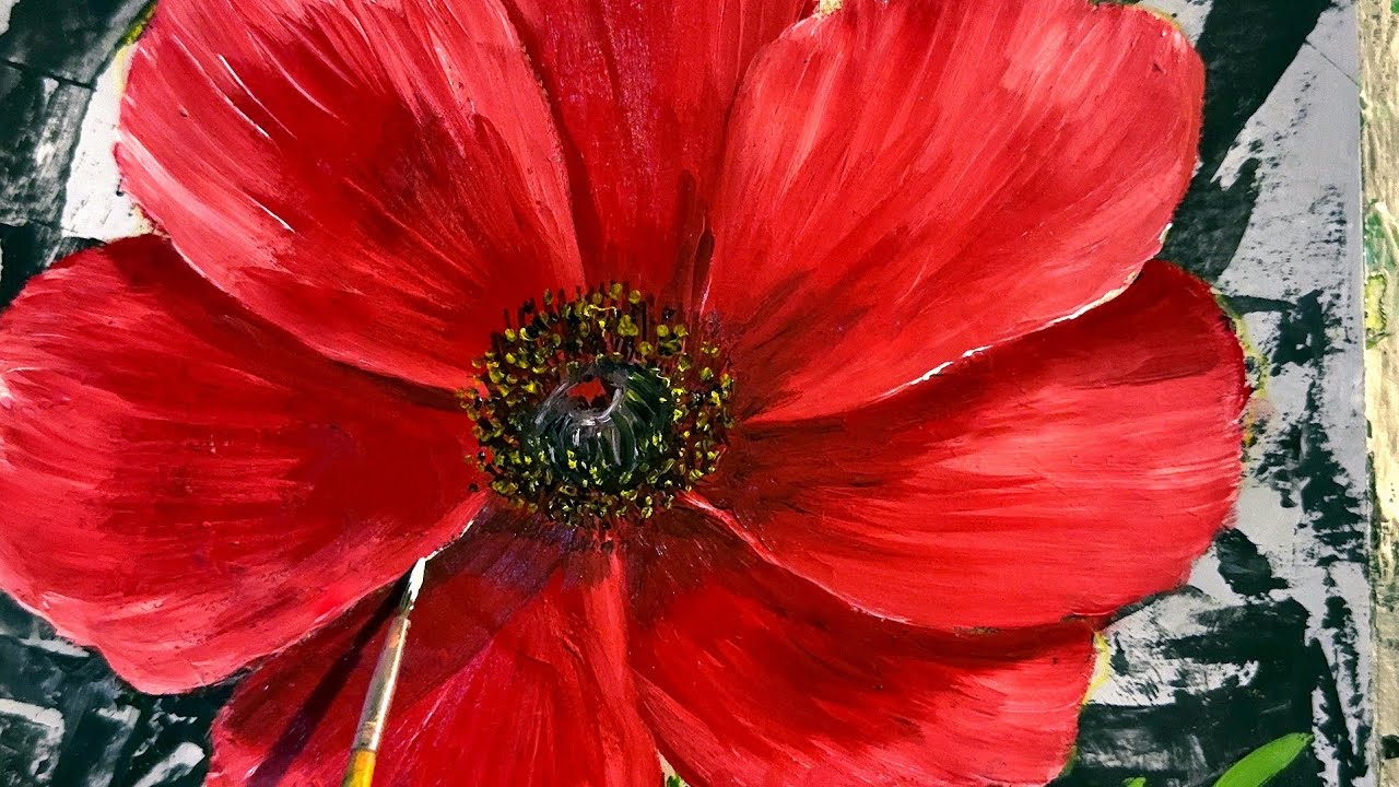 Abstract Art - Painting A Simple Beautiful Red Flower with Chalk and Oil Paints