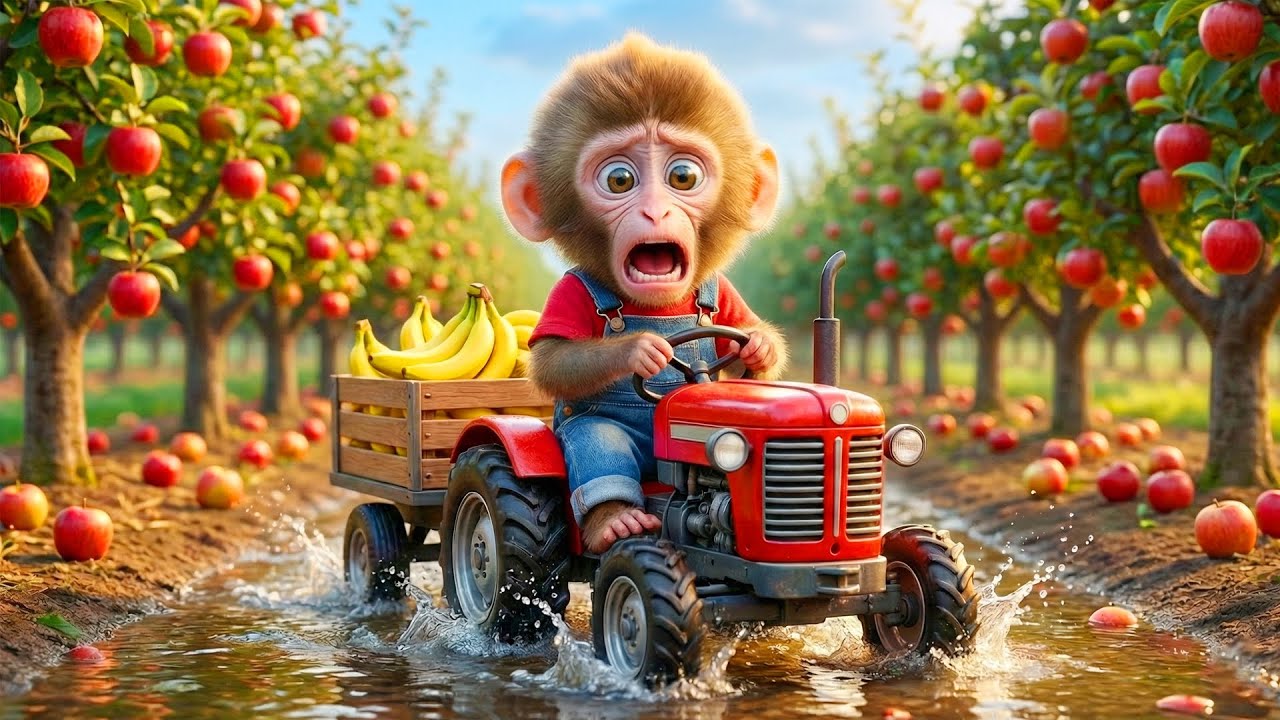 Monkey Rico drives the tractor delivering bananas through the muddy apple garden and gets scared! 🍎😱