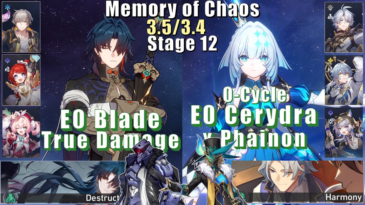 E0S1 Blade True Damage & E0S0 Cerydra Phainon | Memory of Chaos 12 3.5/3.4 3 Stars | Star Rail