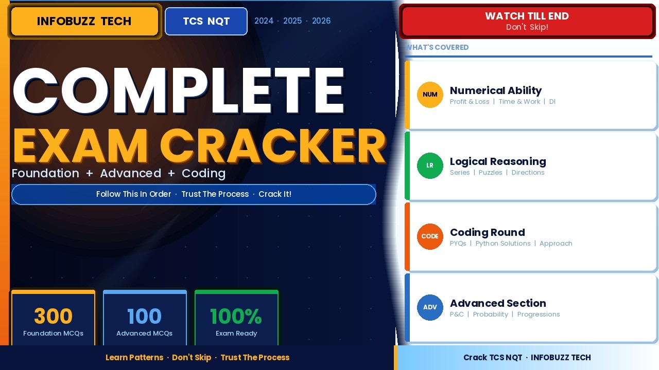 TCS NQT Complete Exam Cracker | Foundation + Advanced + Coding | Don't Skip! | INFOBUZZ TECH