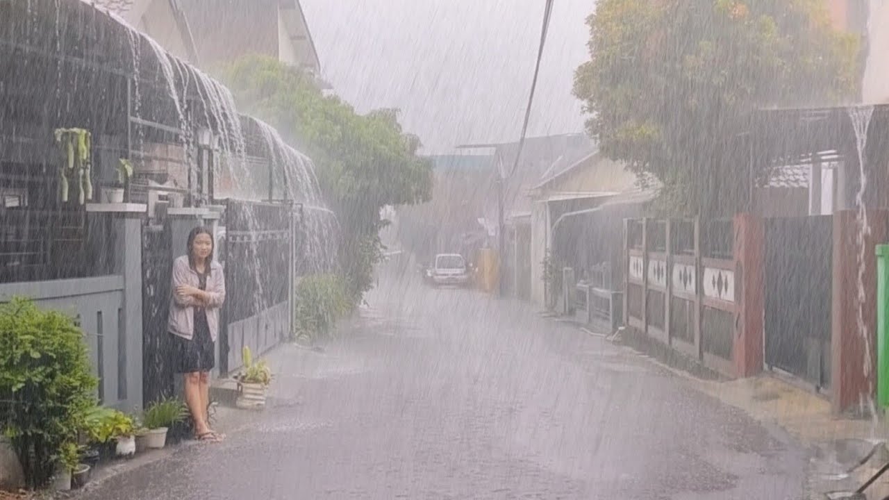 A MOUNTAIN VILLAGE HIT BY RAIN STORMS, THUNDER, AND LIGHTNING FOR RELAXING