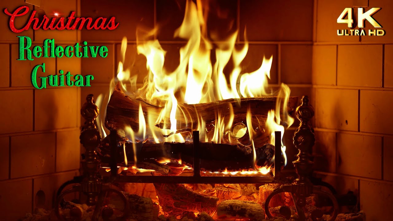 🔥 Reflective Acoustic Guitar Christmas Music Fireplace 🎄 No Ads
