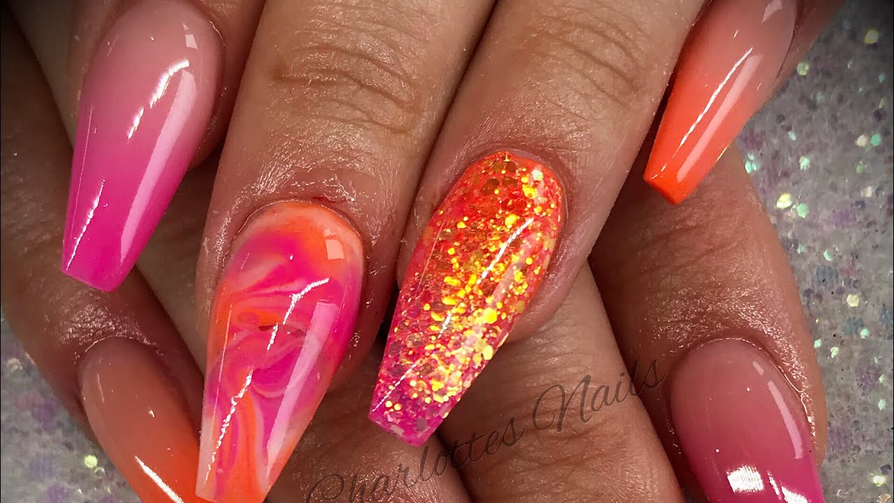 Acrylic nails - pink & orange ombré with glitter
