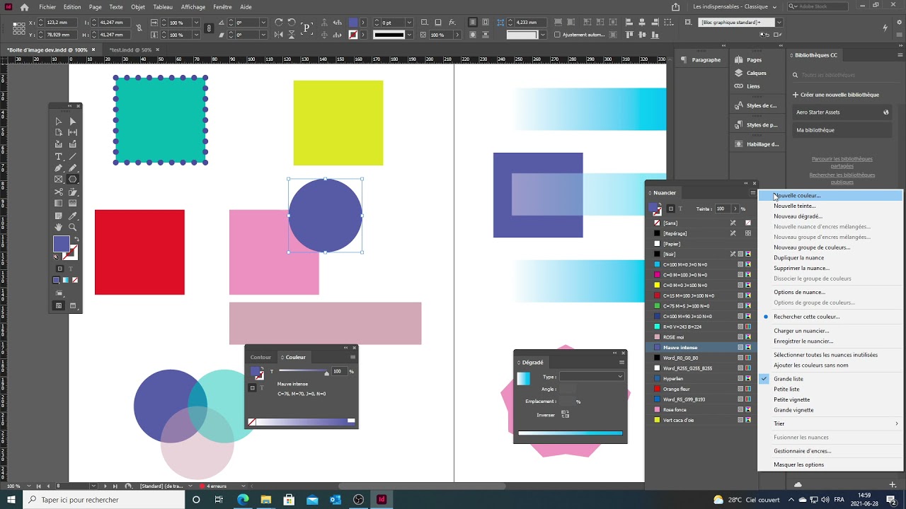 Indesign les couleurs, palette, nuancier, édition,etc