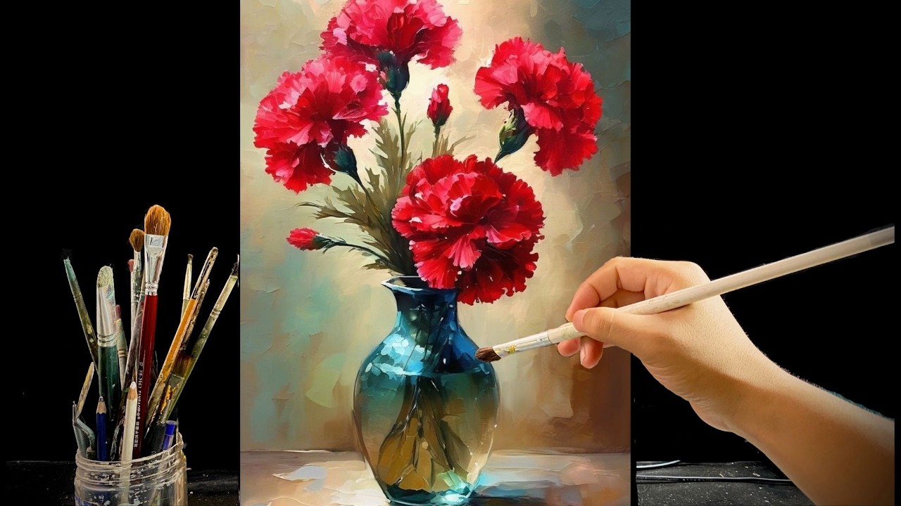 🎨 Painting Stunning Red Carnations in a Blue Glass Vase | Relaxing Acrylic Flower Art | #127