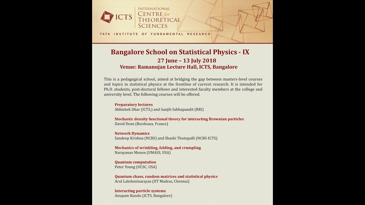 Quantum chaos, random matrices and statistical physics (Lecture 01) by  Arul Lakshminarayan