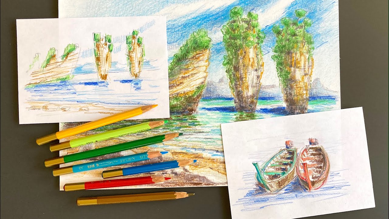 How to draw calm seascape scenery with 3 sketches /Step by step