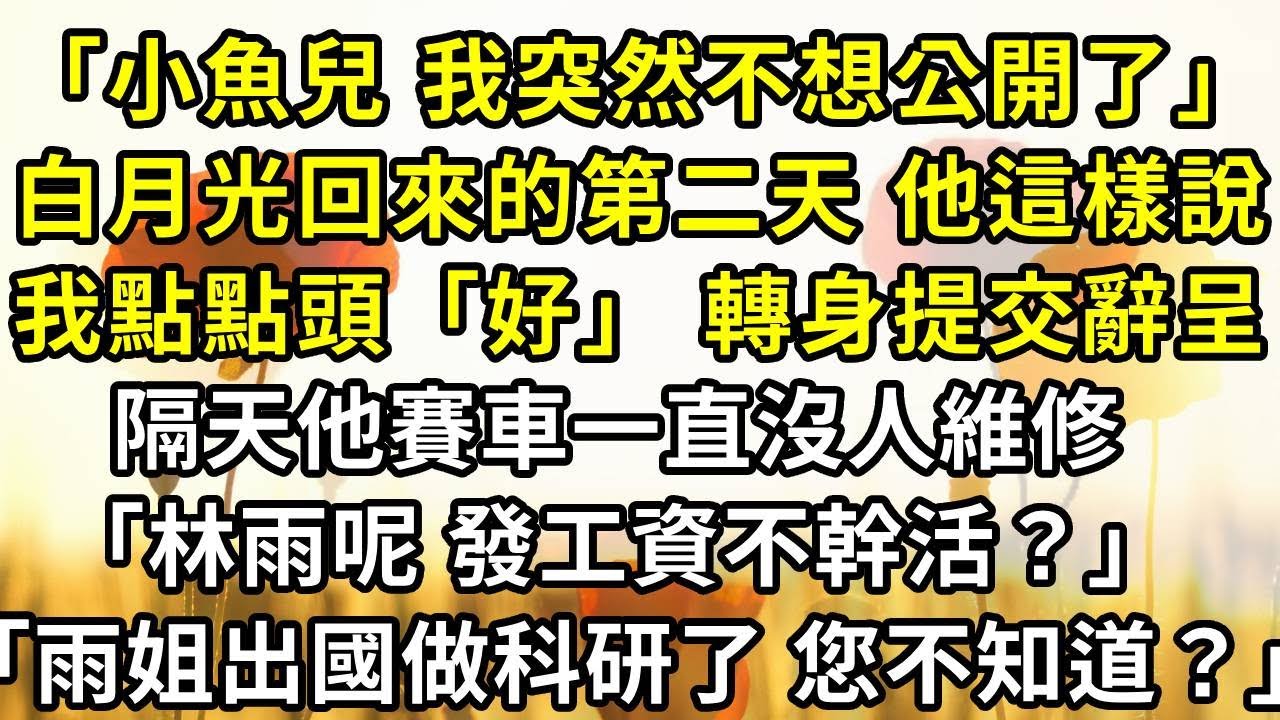 「小魚兒，我突然不想公開了」白月光回來的第二天 ，他這樣說，我點點頭「好」 轉身提交辭呈隔天他賽車一直沒人維修「林雨呢 發工資不幹活？」「沈哥 雨姐出國做科研了 您不知道？」