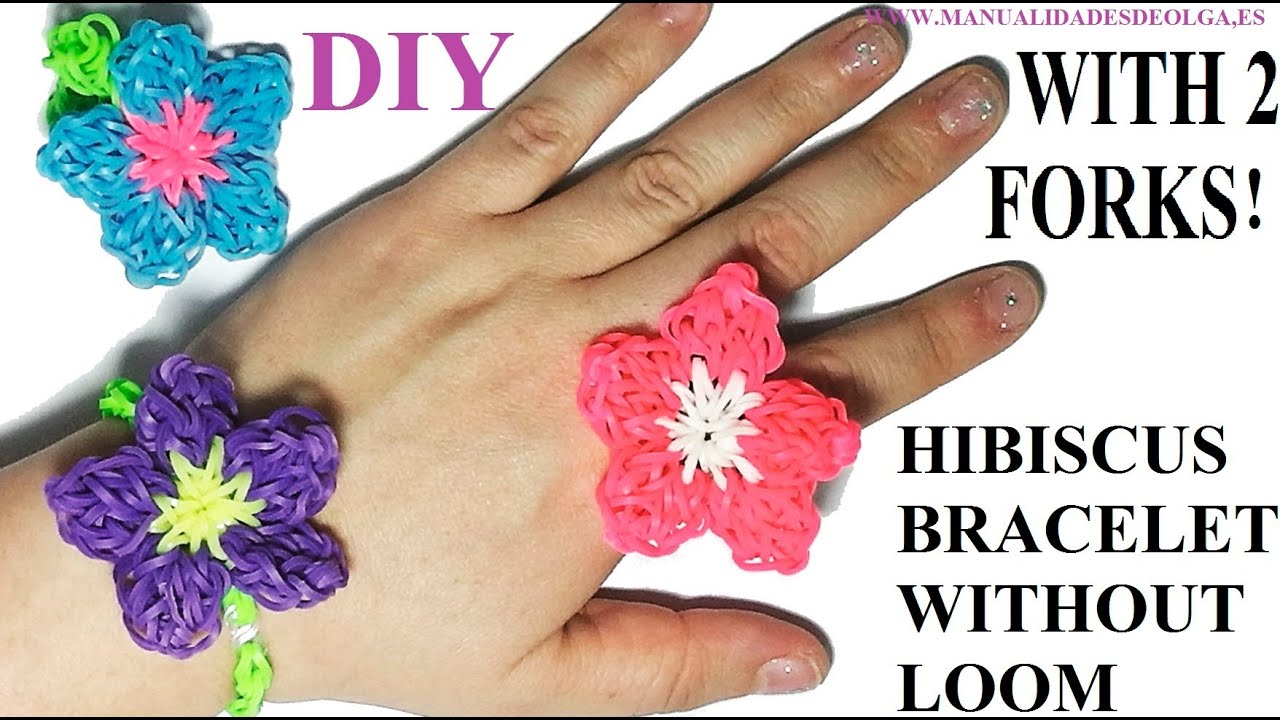 How to make HIBISCUS BRACELET with two forks. Without loom. diy. HIBISCUS RING