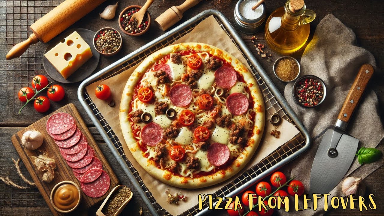 Pizza topped with ground beef and Italian salami, gouda and mozzarella.