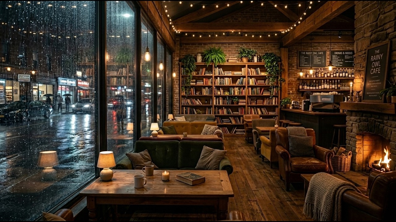 Soft Rainy Spring Jazz ☕ Coffee Shop Ambience with Fireplace for Focus, Study & Relax