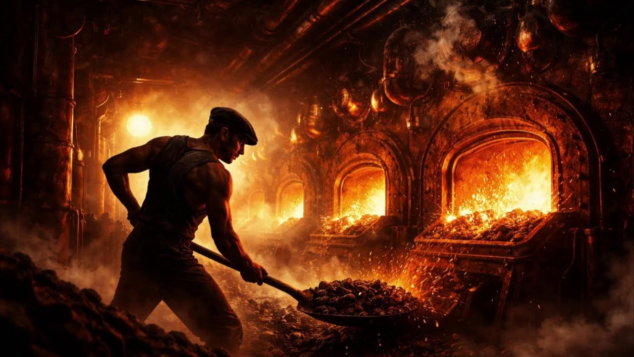 Titanic Boiler Room Ambience|Rhythmic Coal Shoveling & Roaring Furnace (Deep Industrial Sleep Sound)