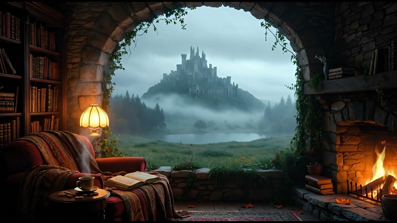 Gothic Foggy Castle Window | Cozy Fireplace & Tender Piano for Sleep & Study