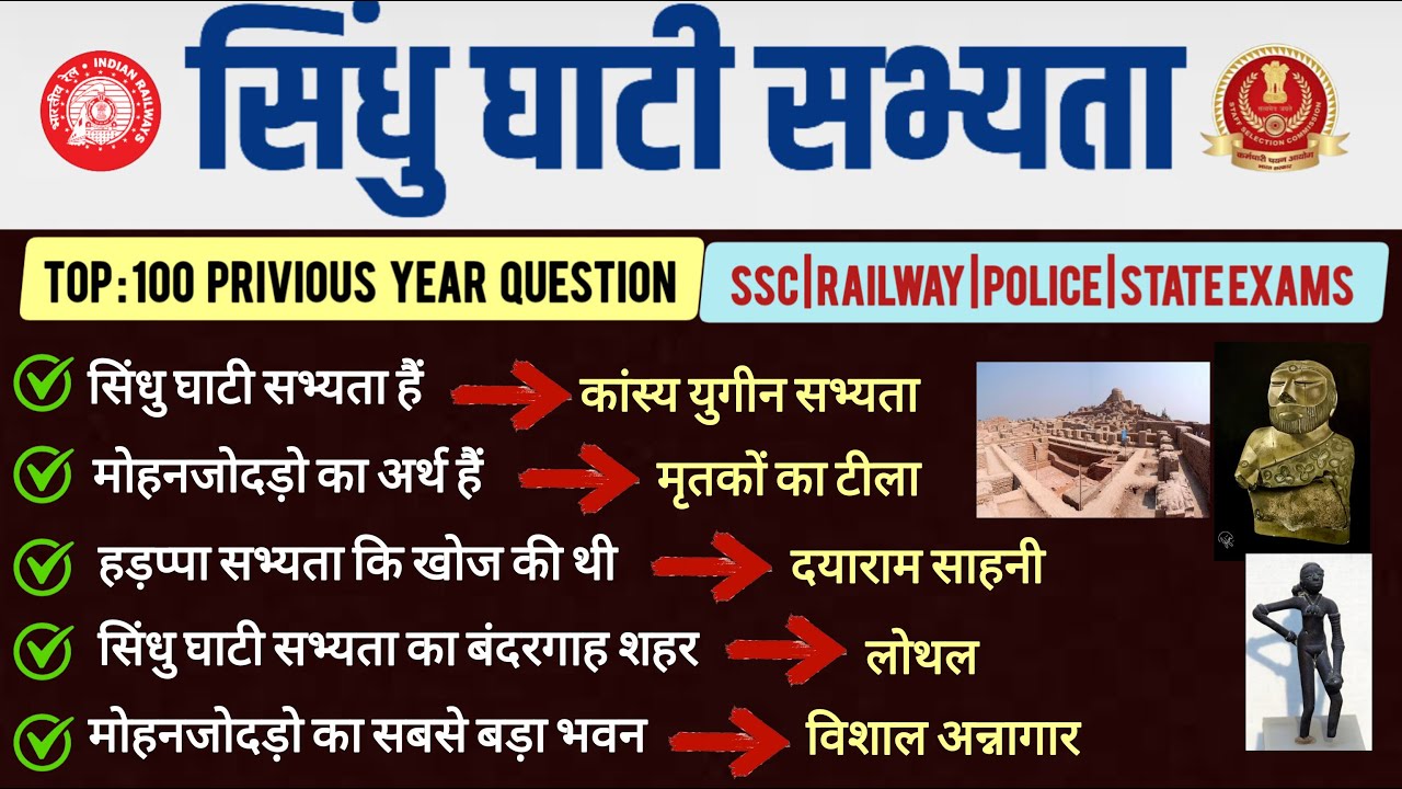 सिंधु घाटी सभ्यता टॉप 100 प्रश्न | sindhu ghati sabhyata important questions | hadappa sabhyata mcq