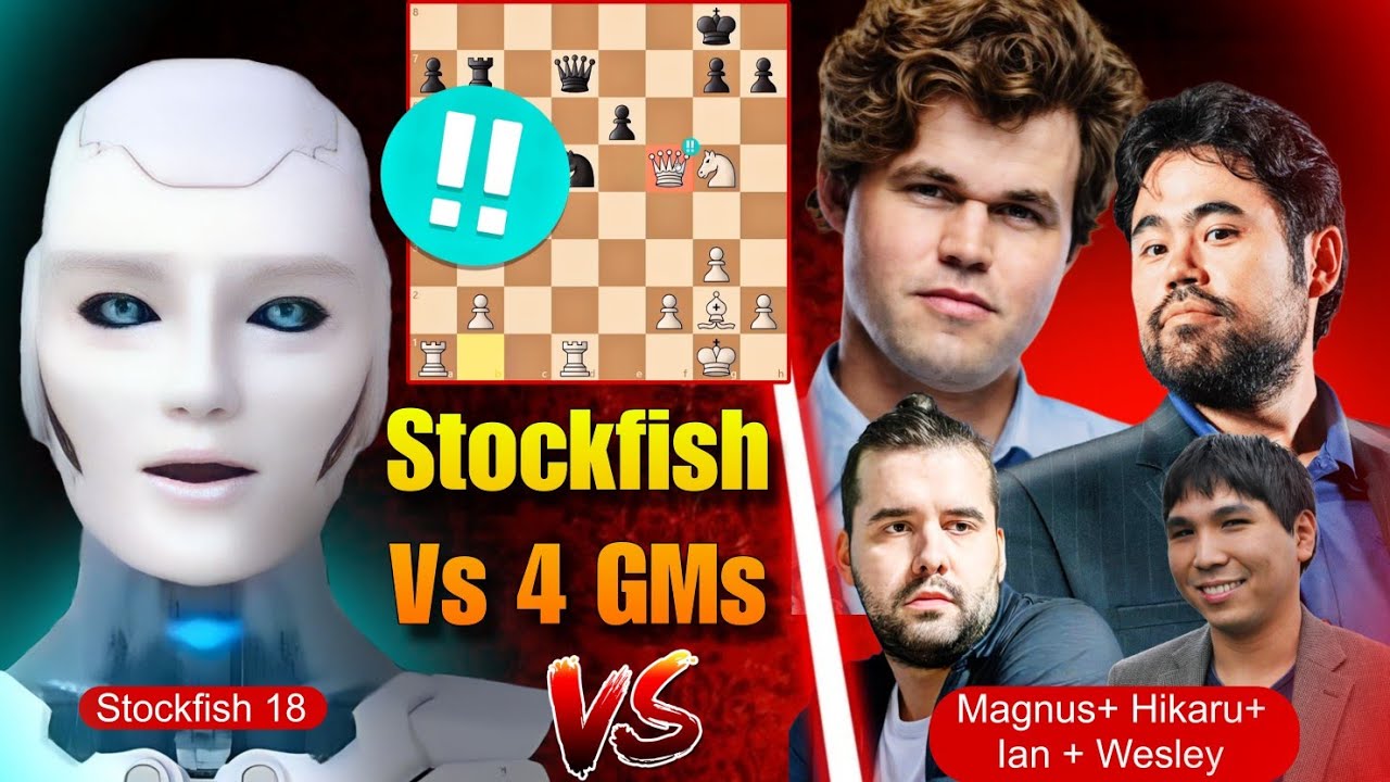 Stockfish 18 ПОЖЕРТВОВАЛ ферзя в игре против Магнуса × Хикару × Яна × Уэсли | Stockfish против 4 ...