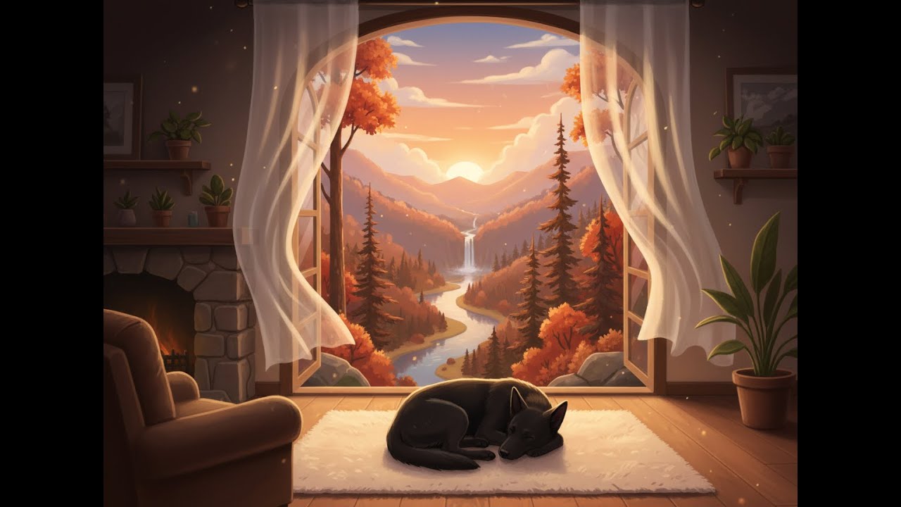 LoFi Music Sleeping Dog with Scenic river background