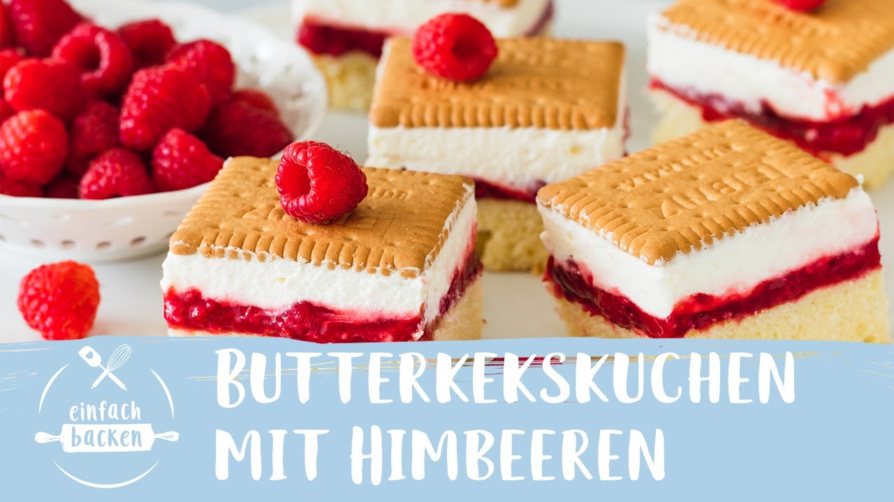 Butterkekskuchen mit Himbeeren | Butterkeks-Schnitten mit Himbeeren und Sahne | Einfach Backen