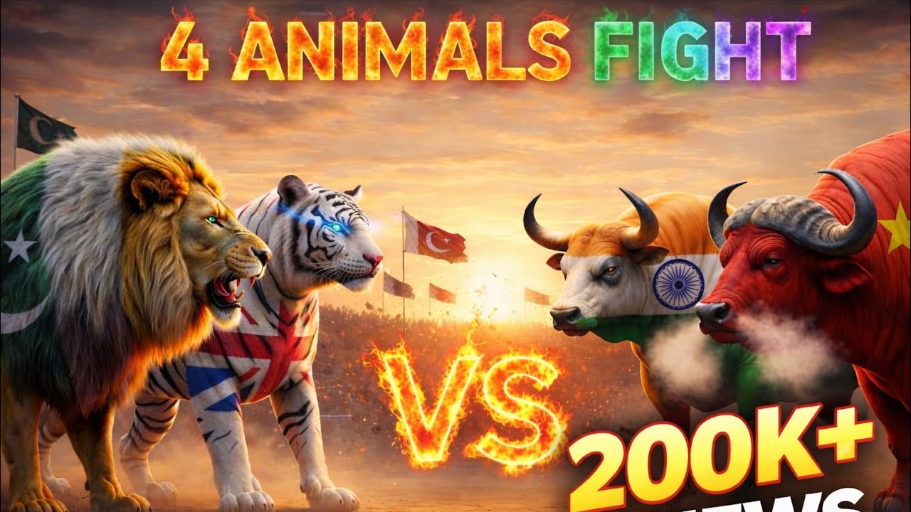 “FOUR ANIMALS FIGHT 🦁🐂🐯🐃 | Pakistan Lion vs India Bull vs UK Tiger vs China Buffalo | Ai Fight Hindi