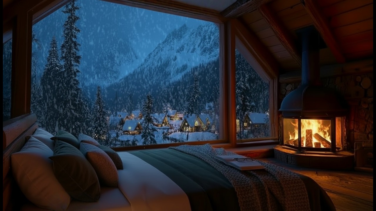 Quiet Snowy Cabin Night with Soft Fireplace Crackles | Deep Sleep Ambience