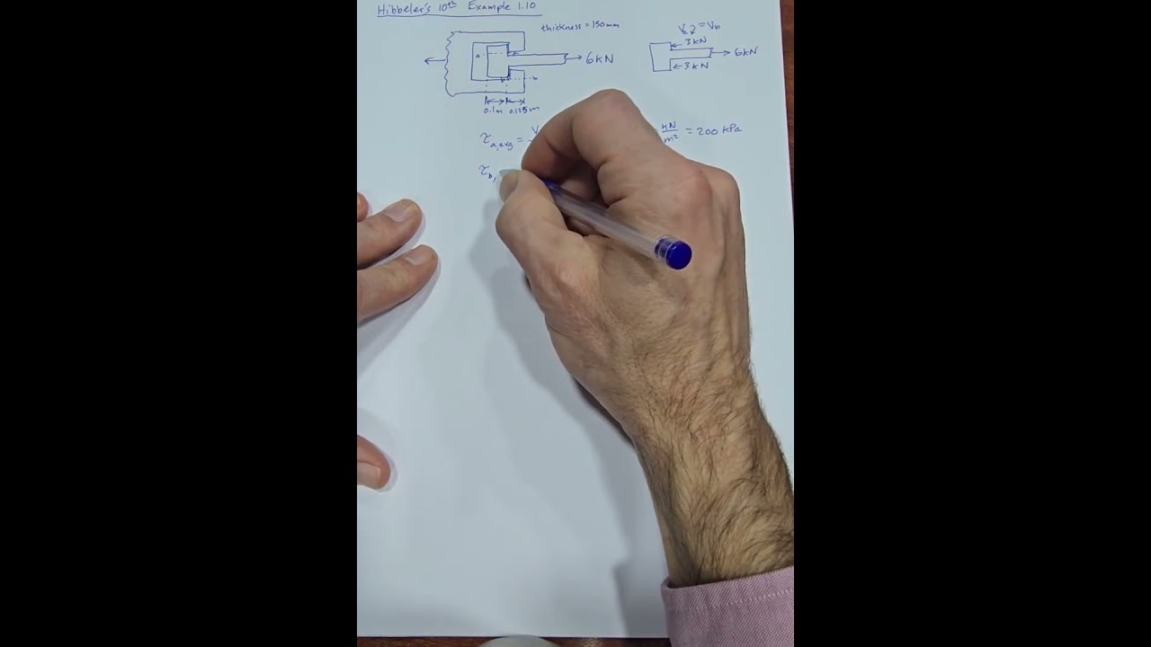 Hibbeler's Example 1.10 Wood T and Groove Joint Shear Calculations and Shear Stress Element