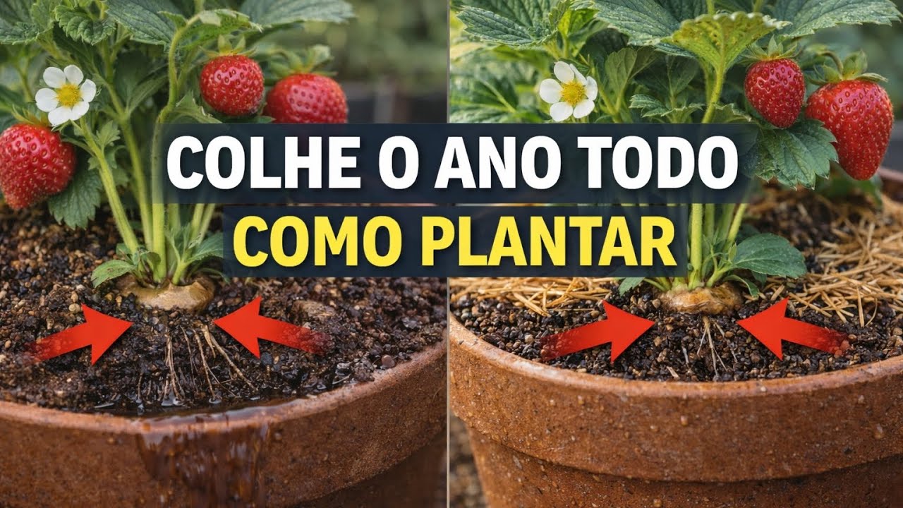 Como colher MORANGO o Ano Todo: cultivo em vaso e canteiro SEM ERRO (guia)
