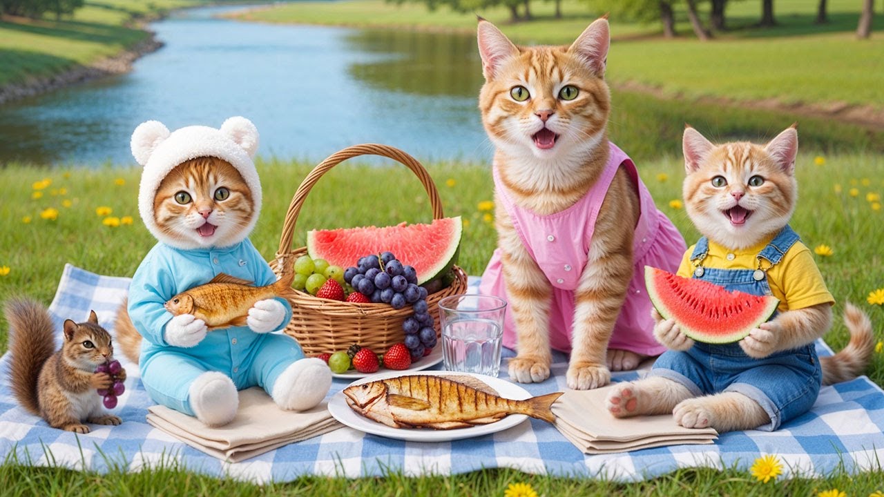 🐱🌳💛 Рыжий котёнок встречает нового друга на пикнике с мамой-кошкой 🐾😸 | Смешное видео с кошками
