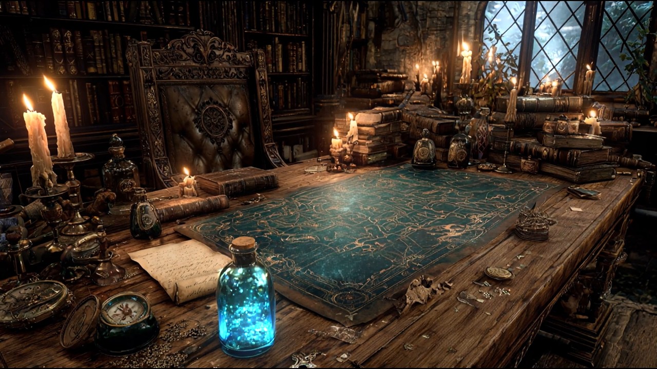 Wizard’s Archivist Desk | Magical Study Ambience with Rain & Fireplace