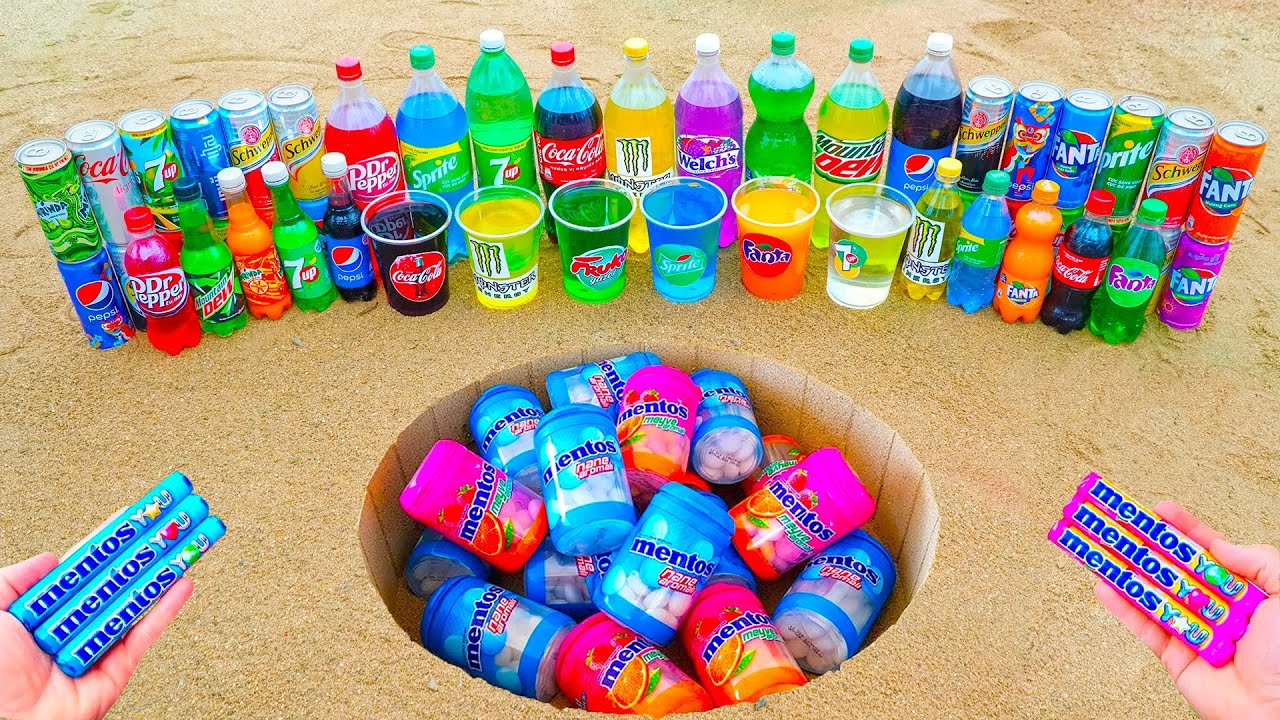 Experiment: Giant Coca Cola, Fanta, Sprite, Popular Sodas Cans vs Mentos in big underground