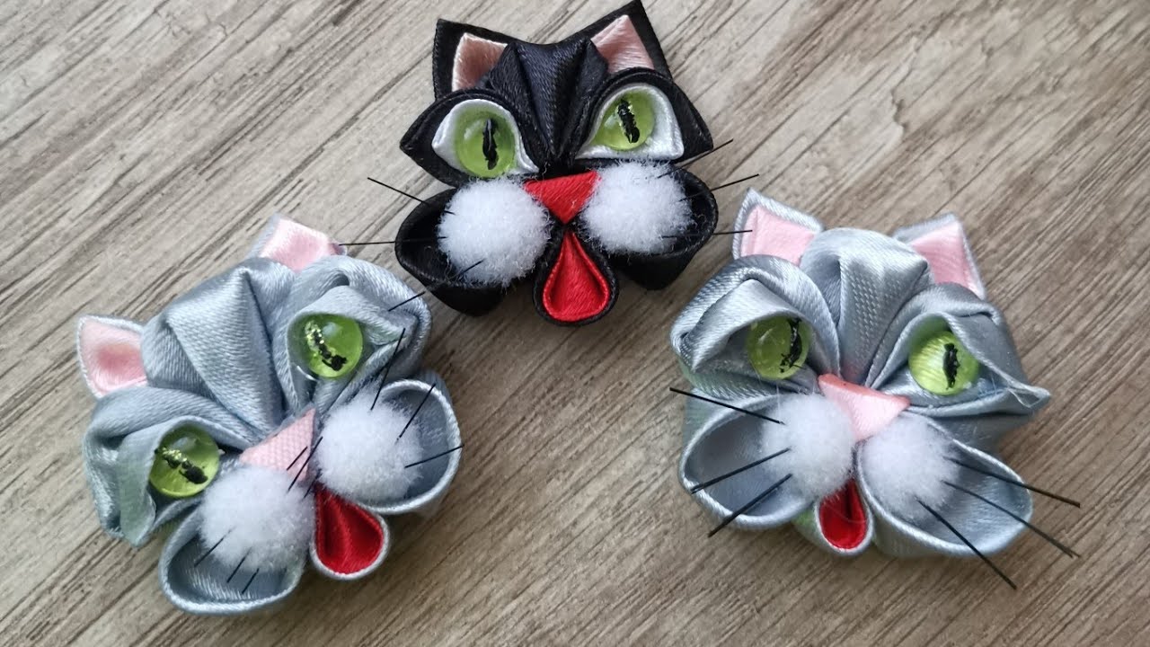 Лента канзаши Кот / Котенок из ленты / Украшение на Хэллоуин / Handmade