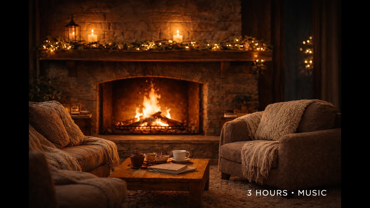 4K Cozy Fireplace with Relaxing Music – 3 Hours of Warm Ambient Sounds