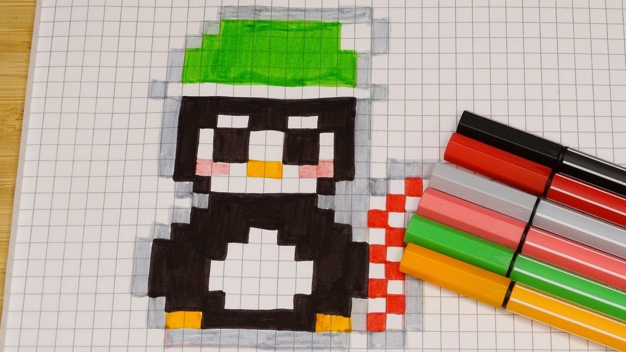 DIY Handmade Drawing Pixel Art | How to draw a cute Christmas Penguin | Easy Xmas Draw with Me