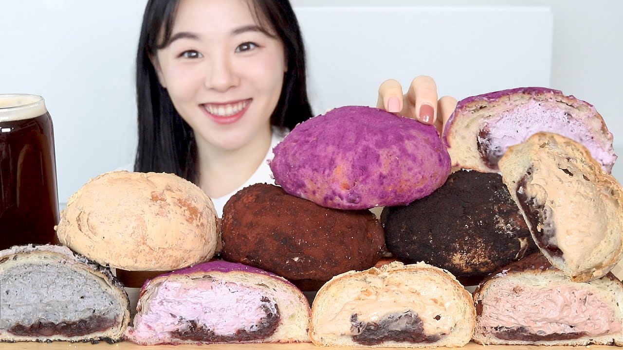 SUB) ASMR Кремовый хлеб Мукбанг 🍞 Крем Булочка Десерт Шоколадный Орео Сладкая картошка Черный кунжут