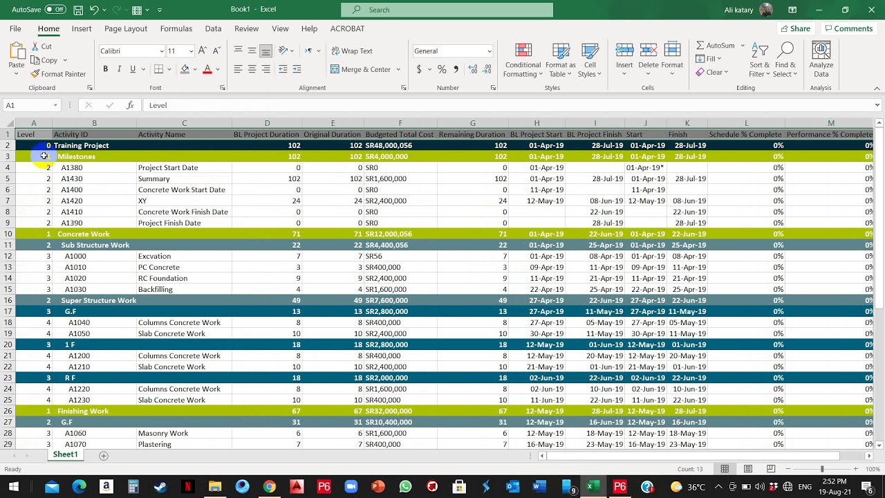 How to export from primavera to excel with WBS Colors full video