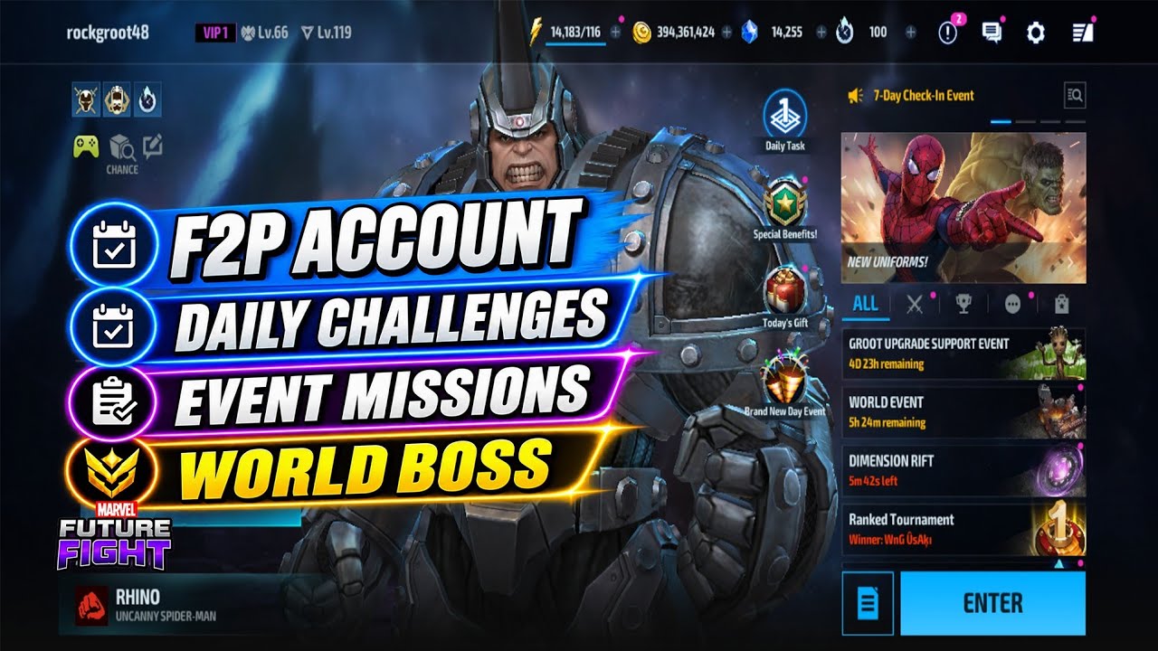 F2P livestream marvel future fight - shadowland manual play, event missions challenges tier list D8