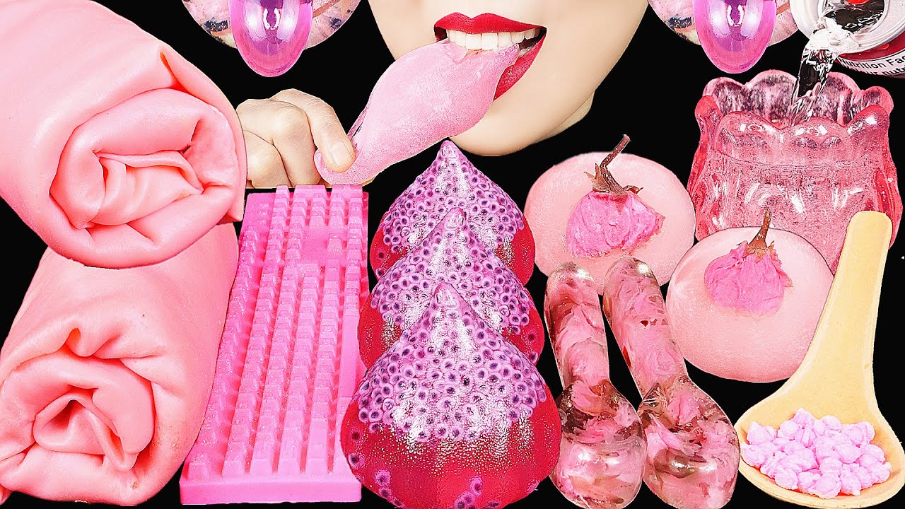 ASMR EDIBLE TOWEL CREPE CAKE, FROG EGGS JELLY, SHOT GLASS, SPOON, KEYBOARD, MOCHI,  EATING SOUNDS 먹방
