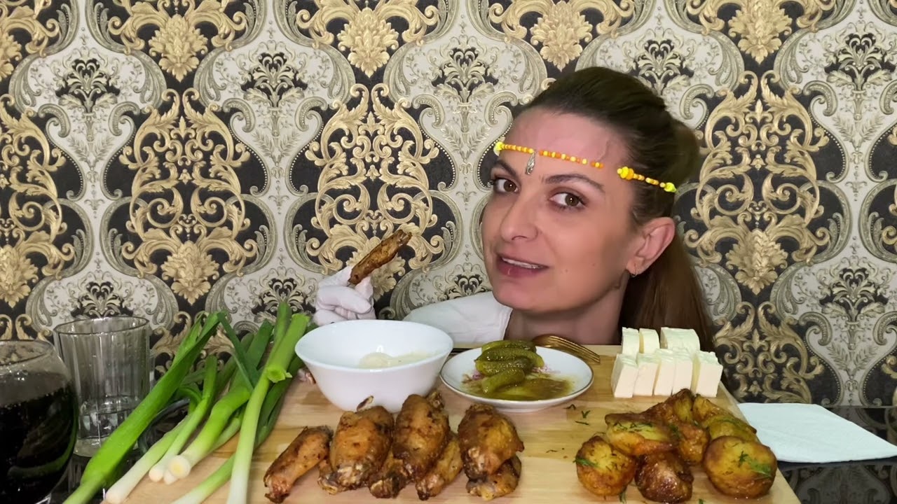 ქათმის ფრთები/ახალი კარტოფილი/არაყი/ MUKBANG-ი