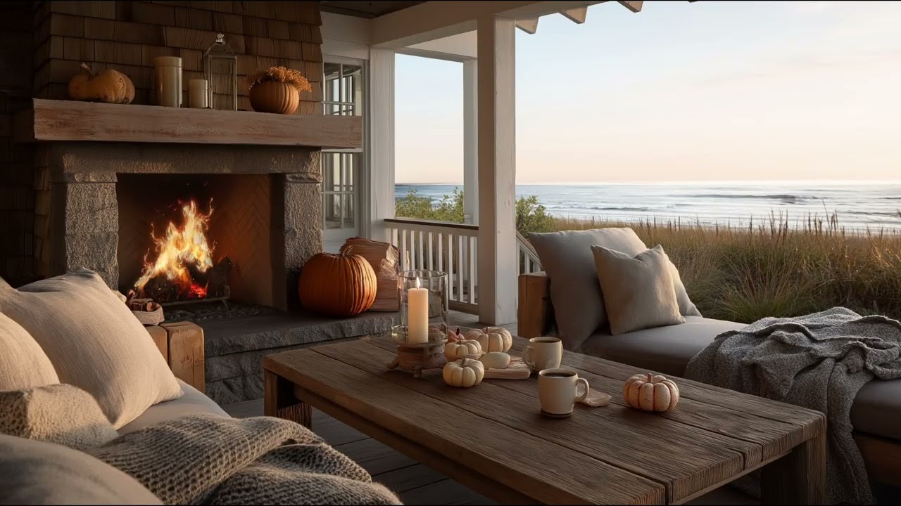 Cozy Oceanfront Fireplace Ambience with Crackling Fire & Relaxing Ocean Waves | Fall ASMR for Focus